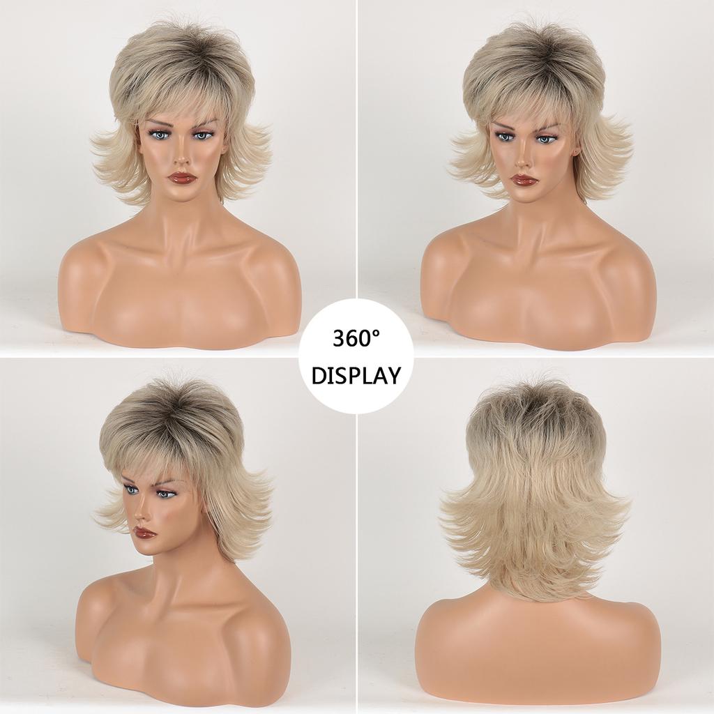 Krátké přírodní paruky s ofinou Blond vlasy s tmavými kořínky Denní použití Vlnité syntetické vlasy Párty paruka pro ženy Tepelně odolná paruka