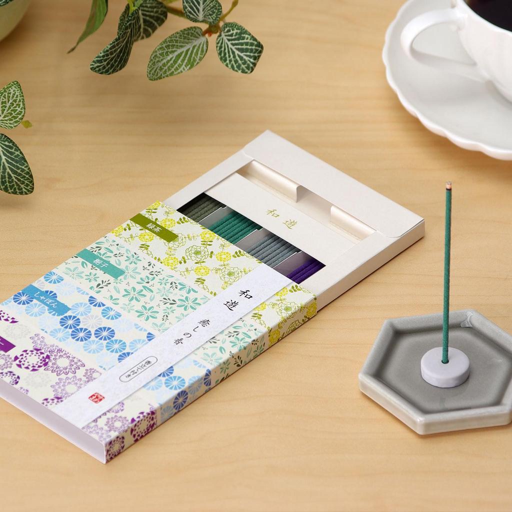 Kameyama Wayu Assorted Healing Incense 1 Set Incense Sticks with Incense Holder (Green Tea/Gardenia/Soap/Lavender)