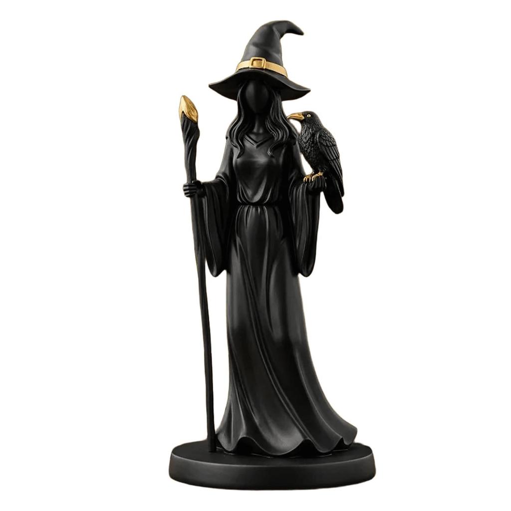 Witch Figurine Resin Sculpture with Staff and Bird On Arm Standing On Round Base Gothic Style Decorative Statue for Home Office Shelf Display