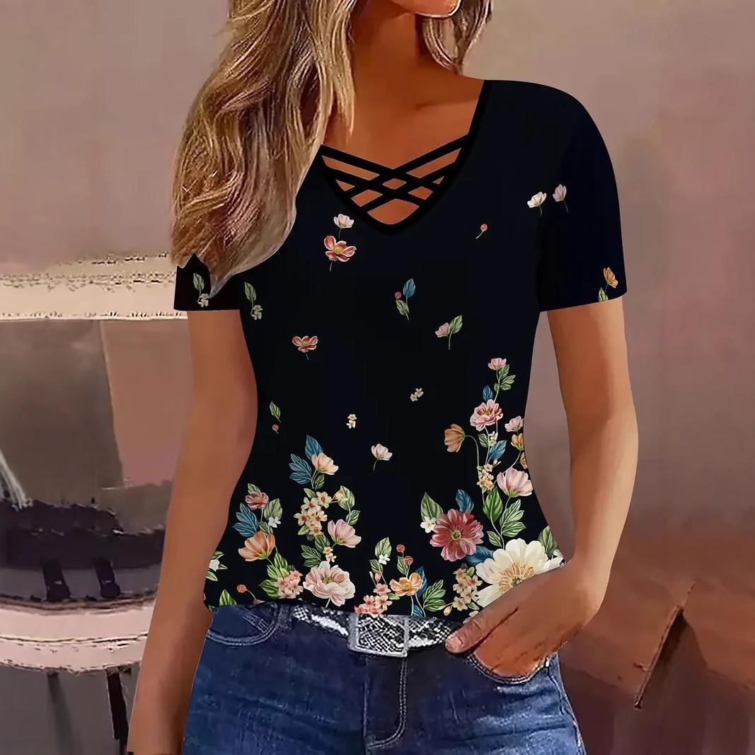 

Весенне-летние женские футболки с цветными блоками, V-образным вырезом, полосками, элегантные, повседневные, с коротким рукавом XXL чёрный