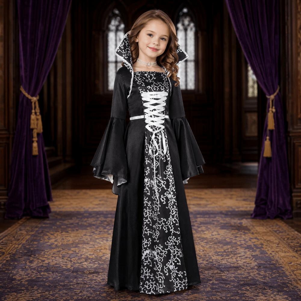 Girls Size 4-12Y Witch Cosplay Costume Black Color Party Performance Gown Halloween Party