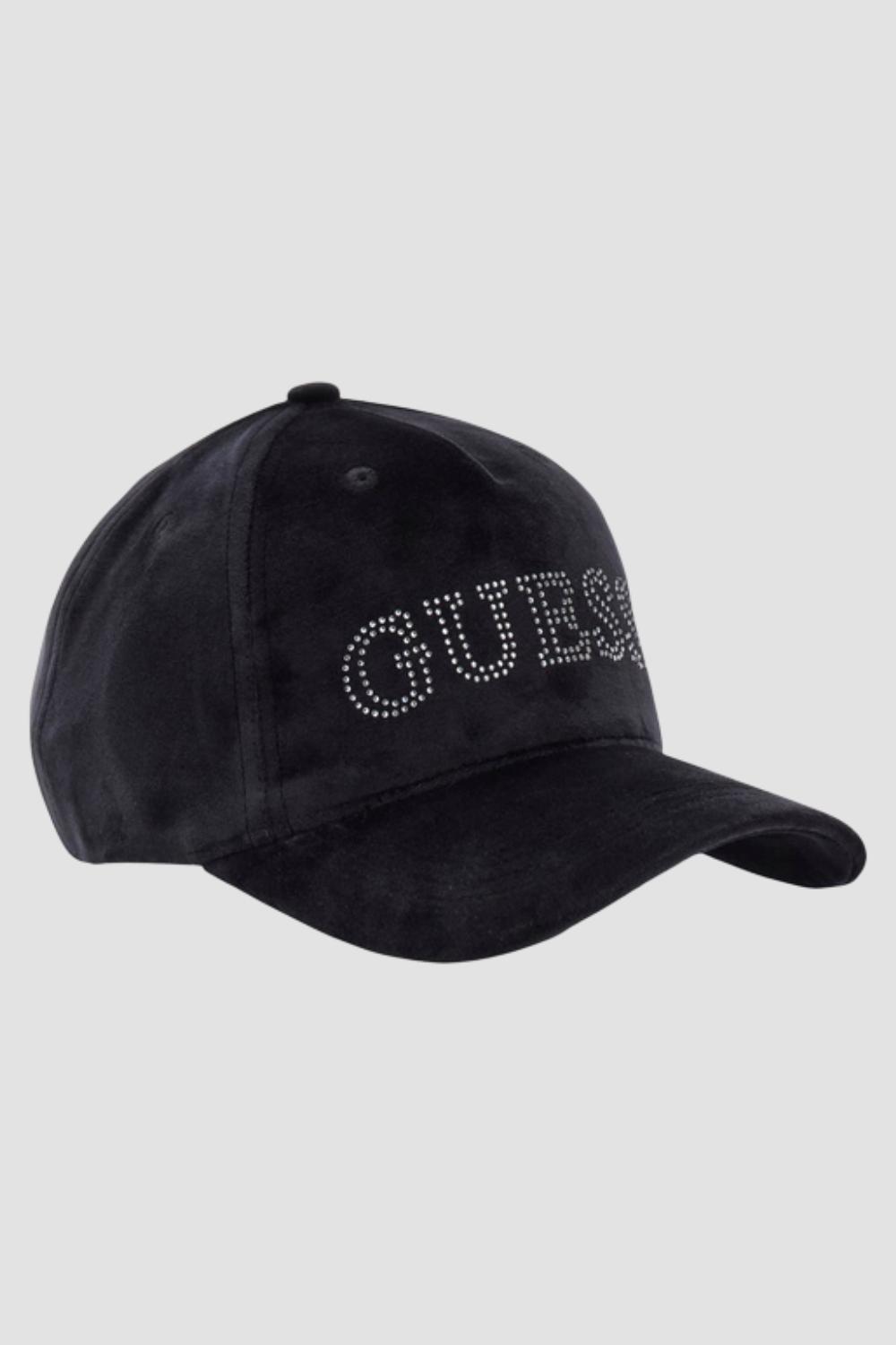 Guess Zwarte Velours Damespet Met Klep En Zirkoon Velvet black