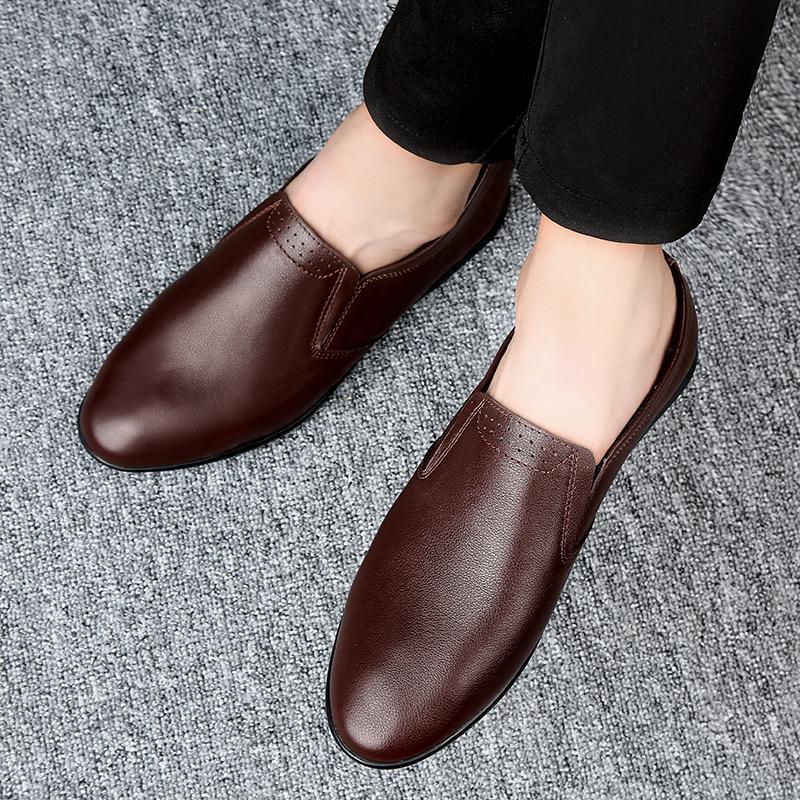 Men Casual Shoes Men's Genuine Leather Fashionable Breathable Peas Shoes Trend Black All-match Wear-resistant Flat Shoes
