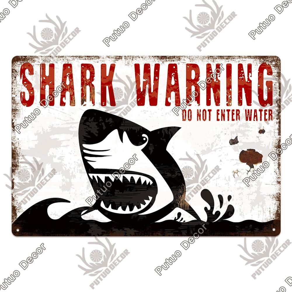Putuo Decor Shark Sign Metal Signs Vintage Tin Sign Funny Warning Movie Poster for Bar Pub Kitchen Club Man Cave Wall Decoration