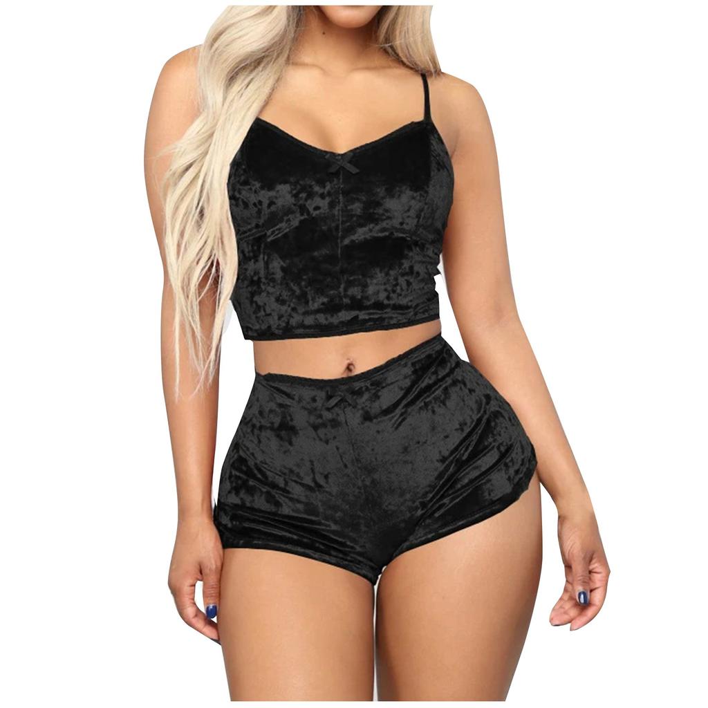 Dámské Deep V Sexy spodní prádlo Sametová košilka s lukem Šortky Set podprsenka Spodní prádlo