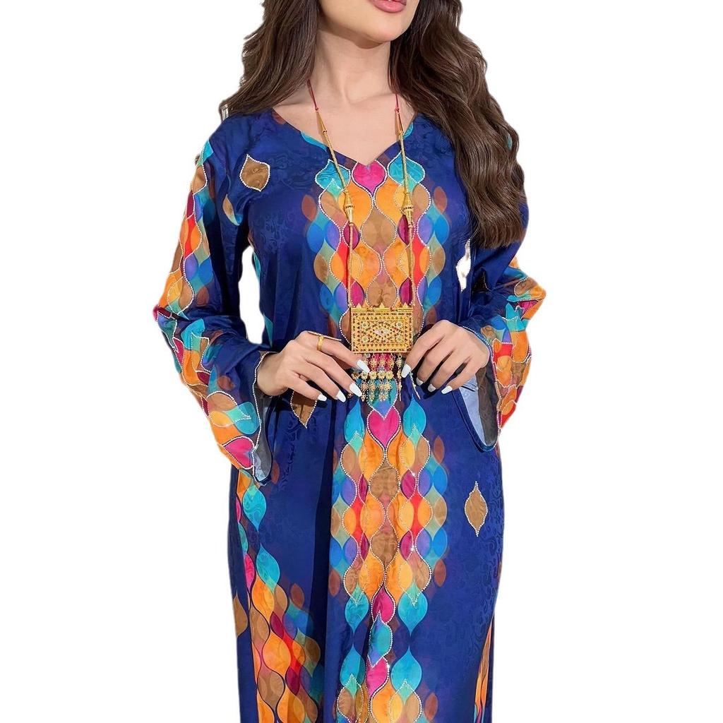 Elegant V-Neck Long Sleeve Dress with Hot Drill Print for Women