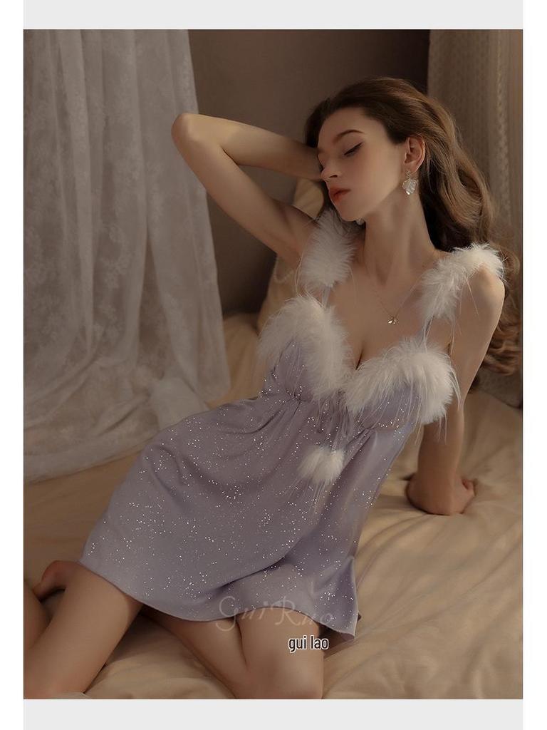 Guiruo Silver Padded Lingerie Set - Sexy Plus Size Camisole Nightgown & Robe 4419