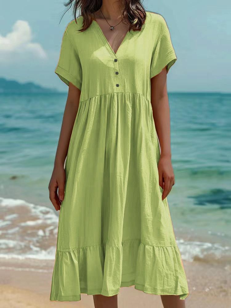 2026 Spring/Summer European & American Women's Solid Color Pleated Short Sleeve Dress