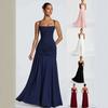 Abito Lungo Elegante a Spalline Sottili, Vita Alta, Orlo Ampio, Colore Unito, per Donne