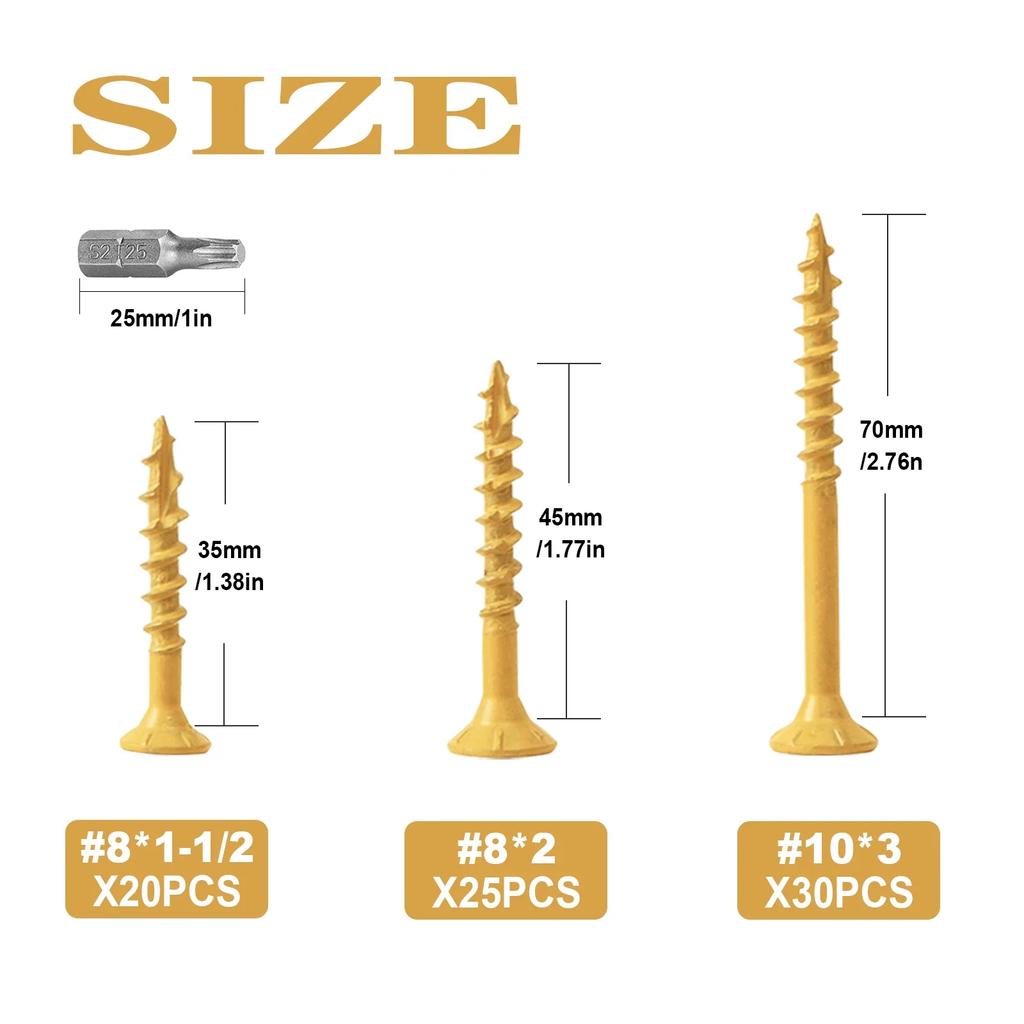 75PCs Yellow Screws, Fully Machined Finished Male Threads, Countersunk Smooth Shank, T-25 Star Drive, 6-Point Tight Bite