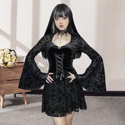 Women Halloween Cosplay Dress V Neck Lace Tie-up Strap Dark Style Gothic Medieval Vintage Bell Sleeves Performance Stage