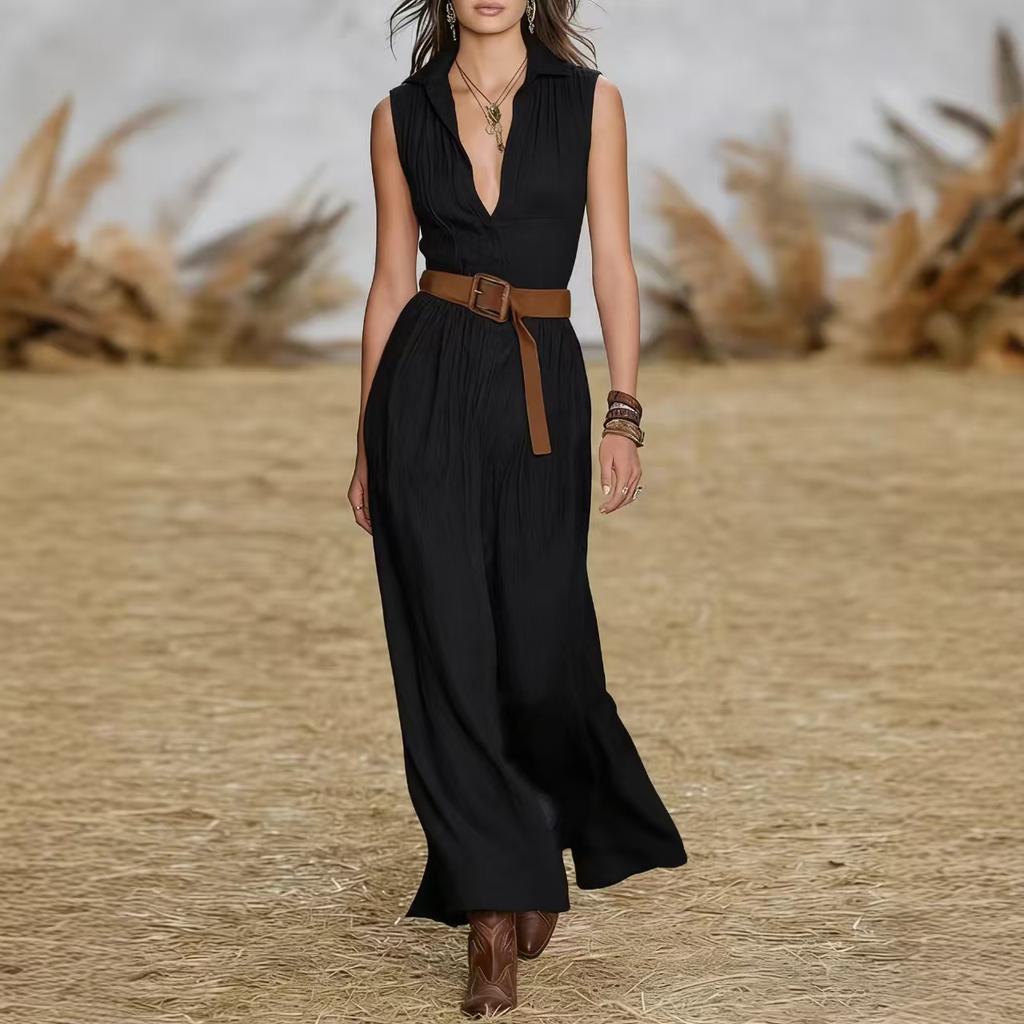 Women's Fashion Color V-neck Sleeveless Dress