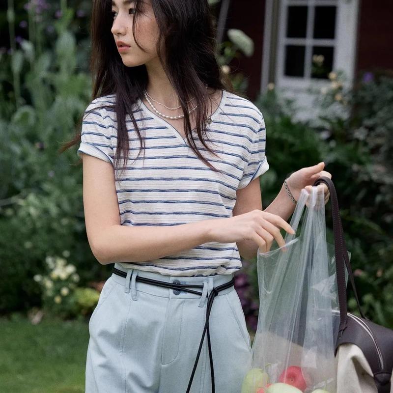 Womens Striped V-Neck Short Sleeve Casual T-Shirt S синий