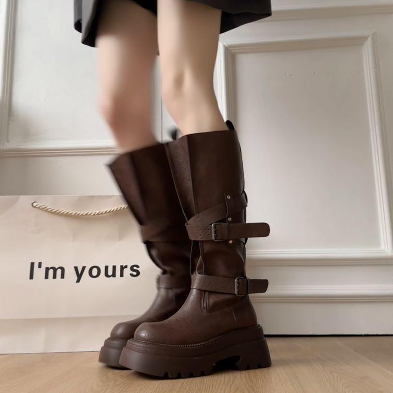 Versatile Retro Belt Buckle 2025 Boots Autumn New Small Thick-soled Heightening Knight Boots Long Boots Women