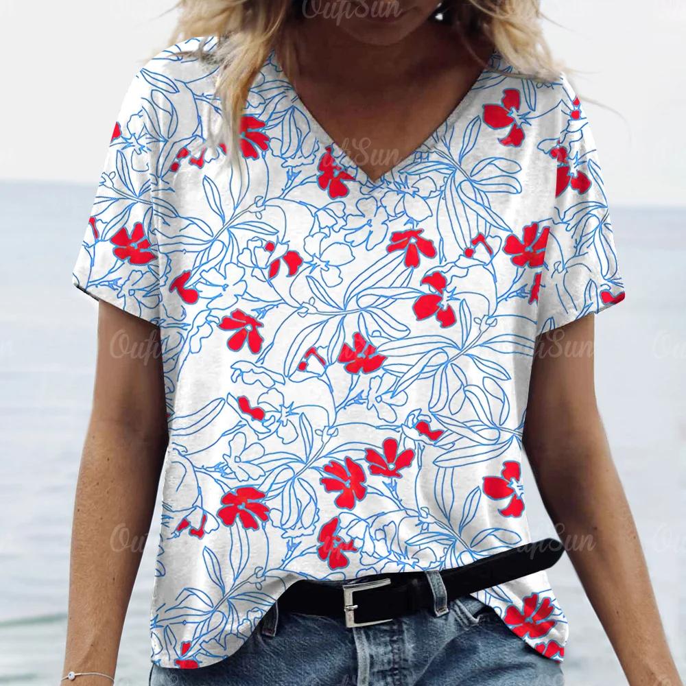 Summer Women Floral Print T-shirt Fashion Tops Tees Female Daily Casual V-Neck Short Sleeve Clothing Ladies Stylish Streetwear