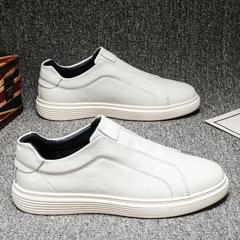 Foreign trade men's casual outdoor leather shoes one pedal lazy shoes elastic band British fashion youth versatile white shoes