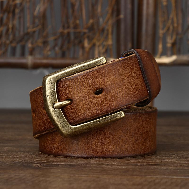 Belt Men's Thick Retro Vegetable Tanned Cow Leather Brass Buckle Belt Men's Casual Rough Fashion