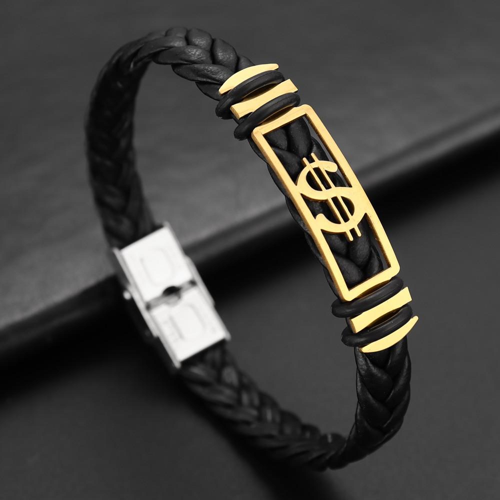 

Стильный браслет из нержавеющей стали с узором в виде доллара, парный панк-плетеный кожаный браслет, хип-хоп, праздничный подарок, аксессуары для вечеринок чёрный