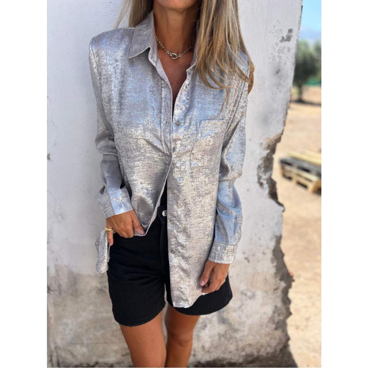 Women s Lapel Collar Long Sleeve Metallic Foil Single Breasted Pocket Loose Casual Shirt Blouse S