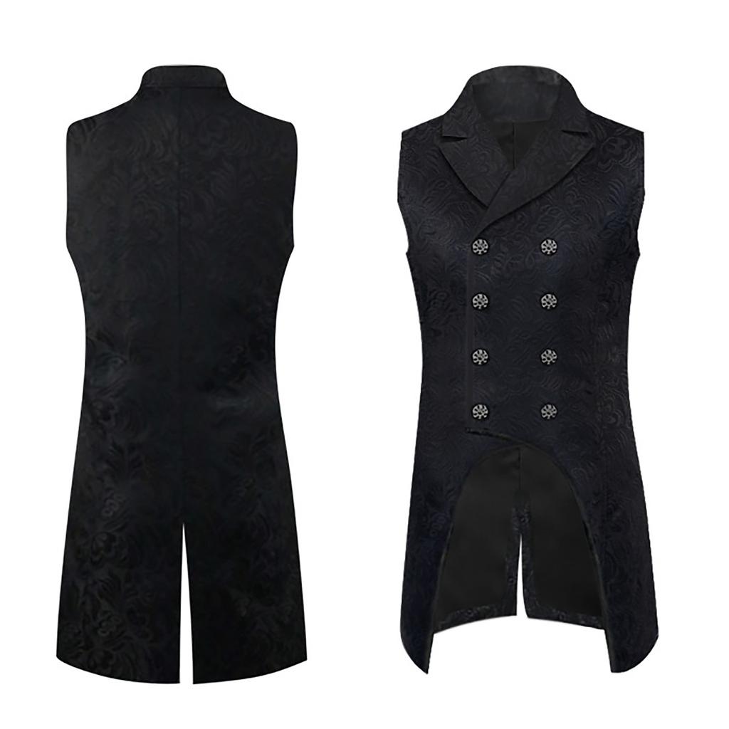 Men Sleeveless Punk Lapel Collar Double-Breasted Steampunk Gothic Coat Vest Court Swallowtail