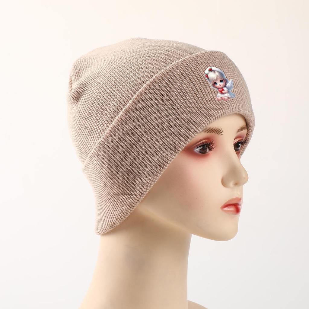 Little Angel Red Heart Print Knit Cap Beanie, Woman Cap Autumn Elastic Simple Bonnet Knitted Hat Beanie
