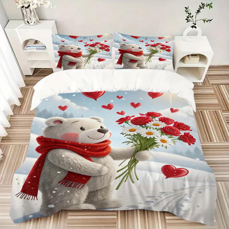 3pcs Anime Cartoon Bear Bedding Set - Includes One Quilt Cover and Two Pillowcases (No Core) - Festive Gift for Bedroom Decor - Polyester Fa