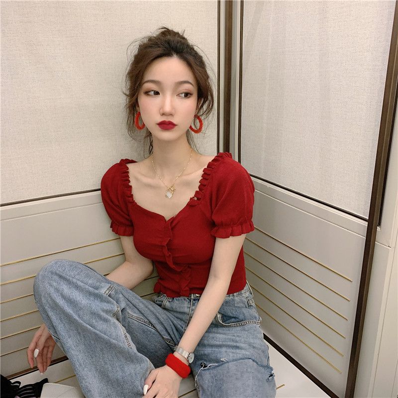 Summer Top Women's Korean Version Chic French V-neck Exposed Collarbone Short Sleeved T-shirt with Fungus Base Knitted Sweater