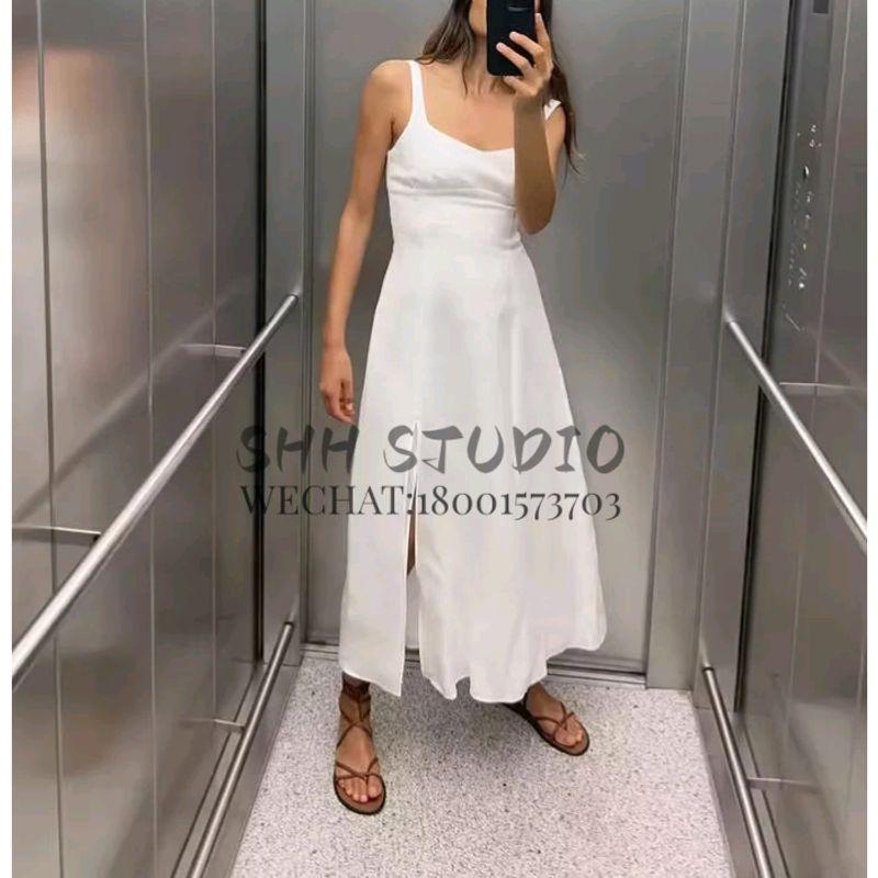 Spring NEW Round Neck Elegant Waist Hugging Split Linen Blend Shoulder Strap Length Dress 8265707 3314354