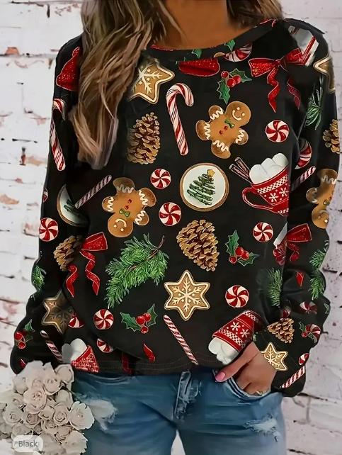 Tops for Women Christmas pattern Round Neck Long Sleeve T-shirt Fall Casual Slim Pullover Women's Long Sleeve Top