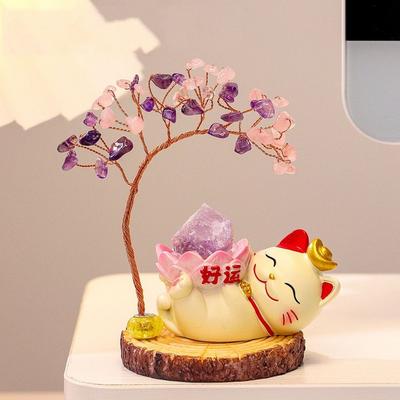 Cute Cat Natural Crystal Crystal Tree Colorful Gravel Fortune Cat Energy Tree Office Desk