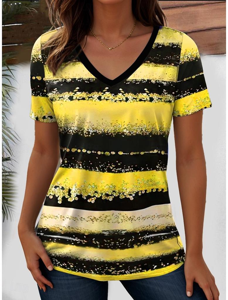 Kadın Tişört Okyanus Çizgili Grafik Moda Kısa Kollu V Yaka Normal Üstler Günlük Baskılı Tişört Yaz Bahar günlük Üstler