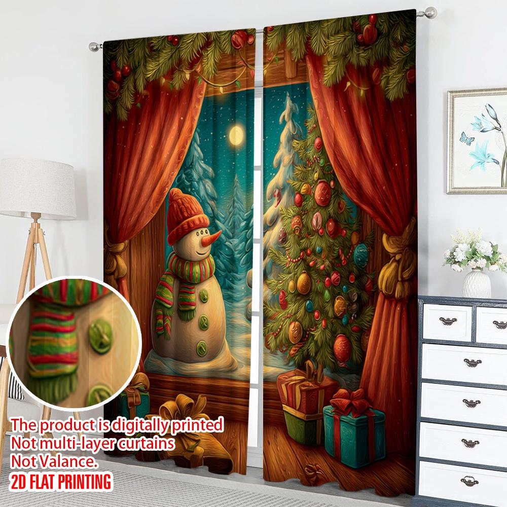 2pcs 2D flat printing Fashionable Christmas Curtains Christmas Snowman Tree Gifts_j Digital Printed Polyester Drapes Family