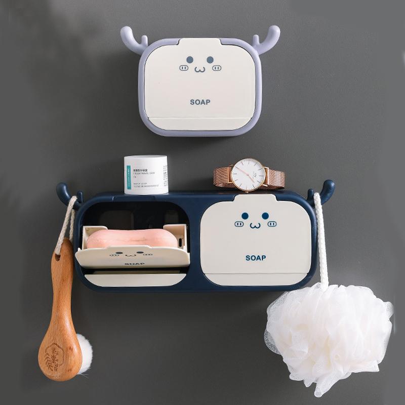Wall Mounted Soap Holder Storage Box Cute Deer Shape Drain Dish Self Adhesive Soap Rack Bathroom Accessories 1-2 Grids