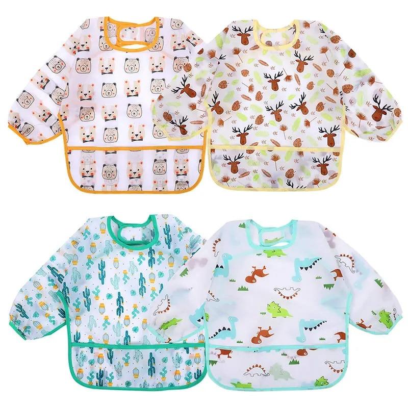 Baby Long Sleeve Waterproof Bibs Set of 4 for 0-6 Months Multicolor with Pocket