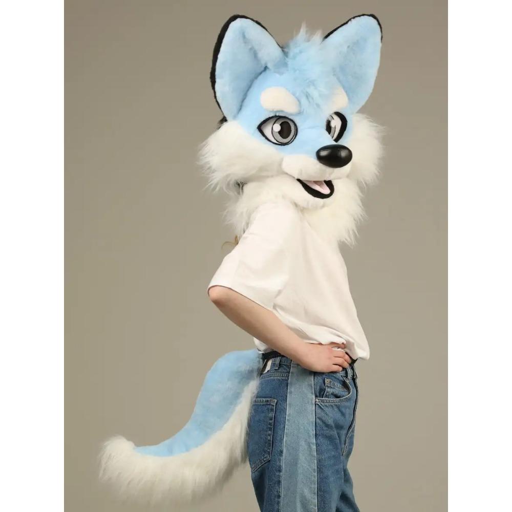 Testa Coda Fursuit Cane Husky Blu per Adulti Costume Mascotte Cartone Animato Accessori Halloween Natale Carnevale Festa in Maschera Oggetti di Scena