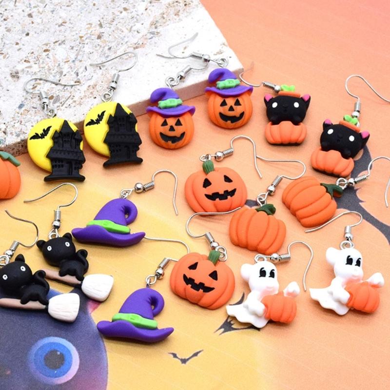 Fashion Halloween Dangle Earrings Pumpkin Cat Hat Earrings Statement Jewelry