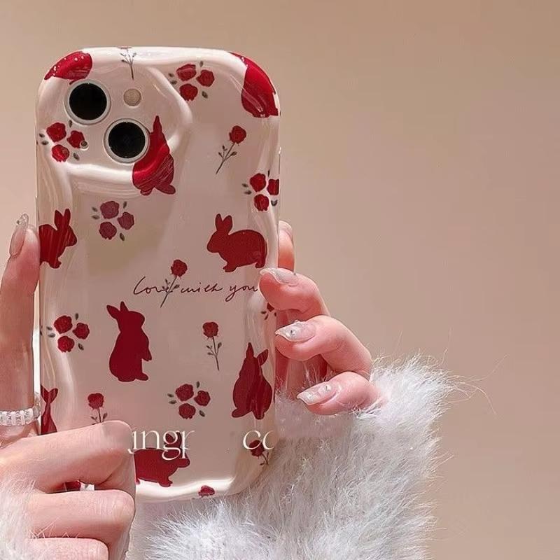Red Flowers Rabbit Pattern Phone Case For iPhone 17 16 15 14 11 Pro Max Plus 13 12 Mini 16E 17 Air XS Max XR Bumper Clear Cover