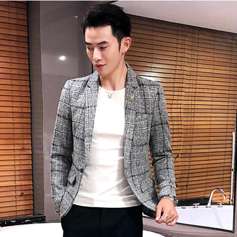 Men's Spring and Fall Casual Plaid Suit Jacket Linen Plaid Business Slim Wedding Dress Party Suit Jacket