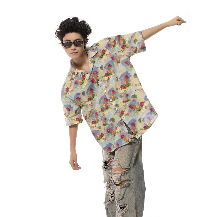 Summer Hong Kong Style Bandage Dress Shirt American Retro Oil Painting Flower Shirt Women's Short Sleeve Loose Casual Outdoor Shirt Fashion