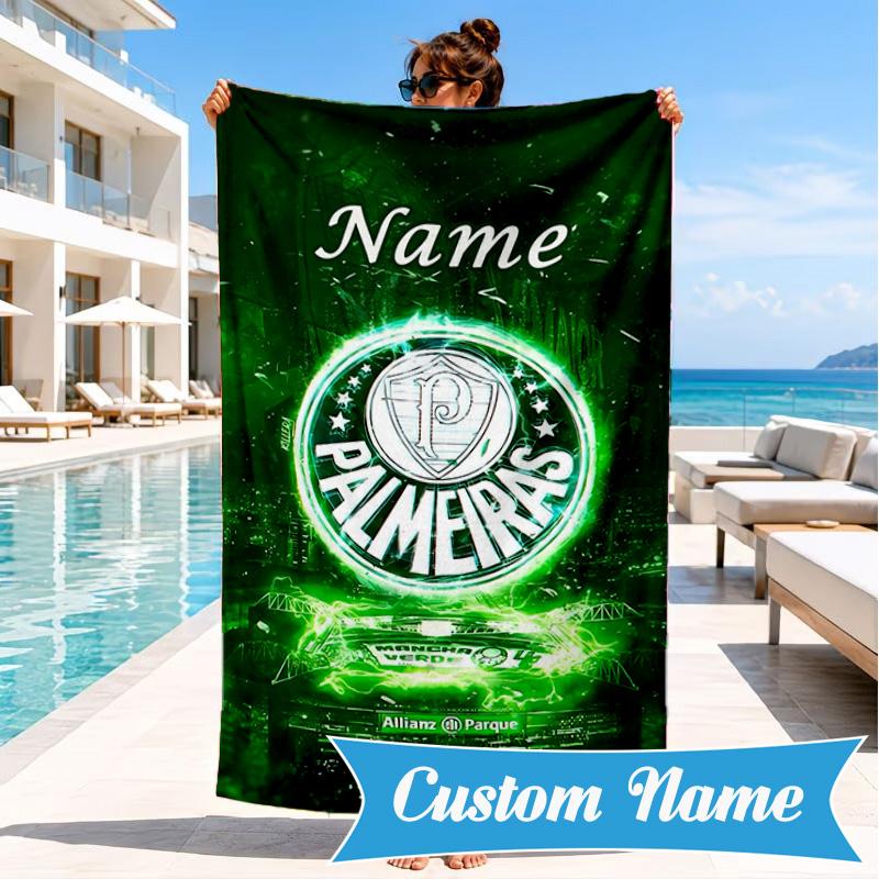 Custom Name Beach Towel Green Palm Tree Emblem Microfiber Beach Towel, Lightweight for Summer Travel, Swimming Pool Fan Birthday Gift