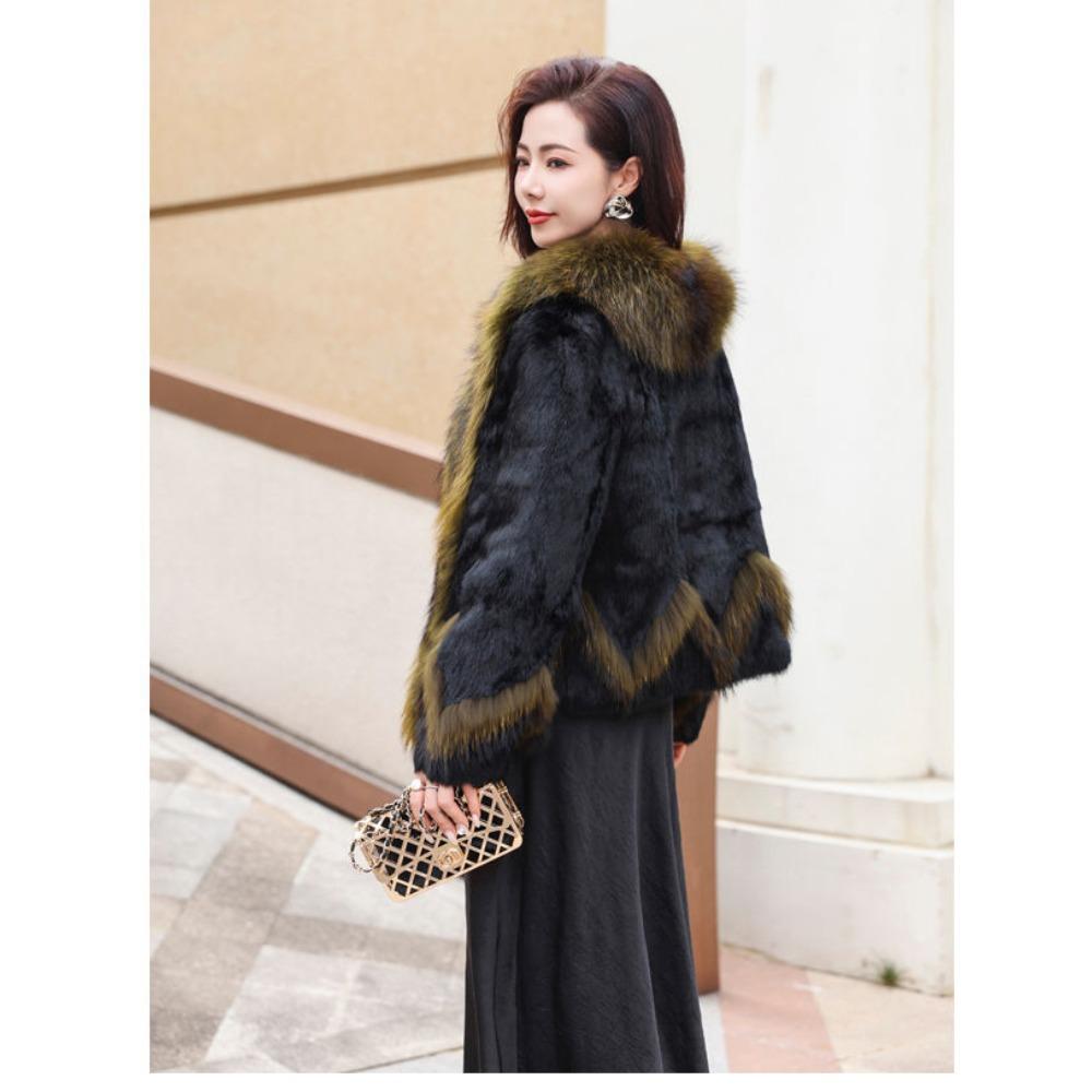 Fur Mid-length Whole Leather Rabbit Fur Coat White Goose Down Lining Raccoon Fur Collar New Autumn and Winter Coat