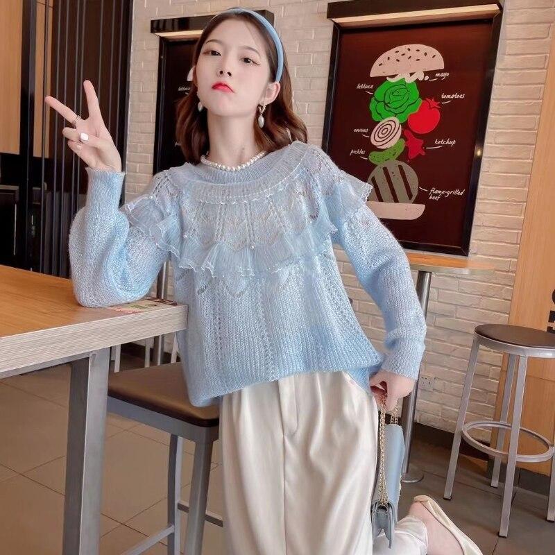 

Ранняя осень Пуловер Свитер 2022 Дизайн Sense Сетка Сращивание Оборка Сплошной Цвет Свободный Пустотелый Сладкий Вязаный Свитер Пуловер Женский