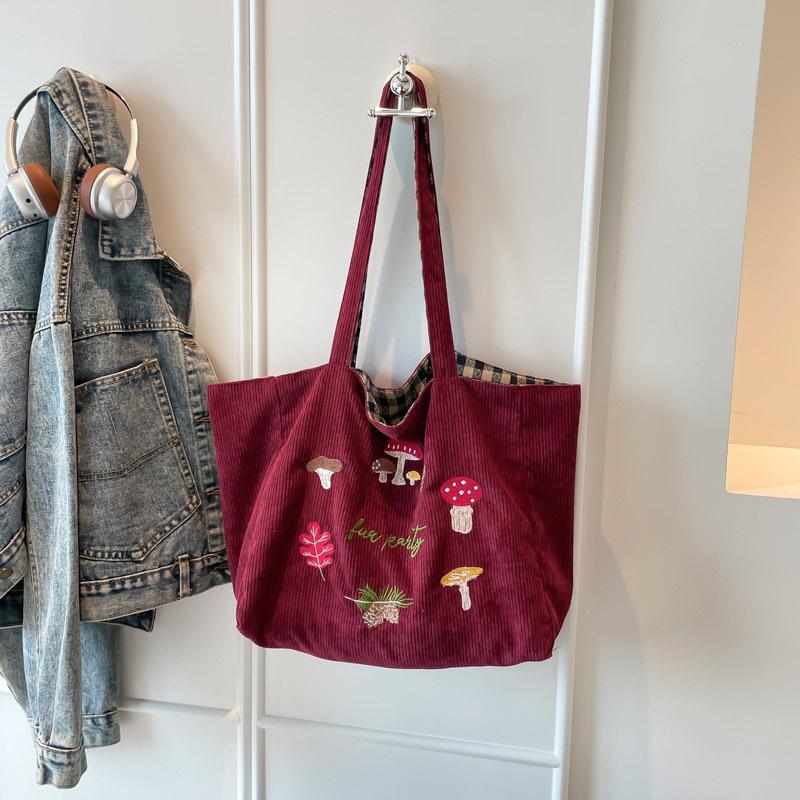 Mori Mushroom Embroidered Shoulder Messenger Bag Corduroy Plaid Double-sided Bag Autumn and Winter New Retro Student Class Bag