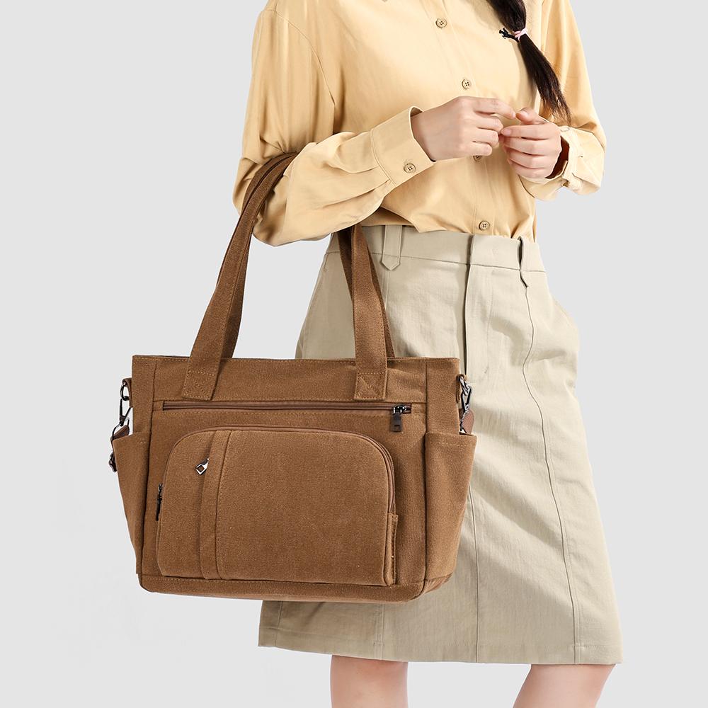 Bolsa Tote de Lona Color Sólida com Múltiplos Bolsos de Grande Capacidade Bolsa de Ombro Feminina Vintage para o Dia a Dia Bolsa Transversal