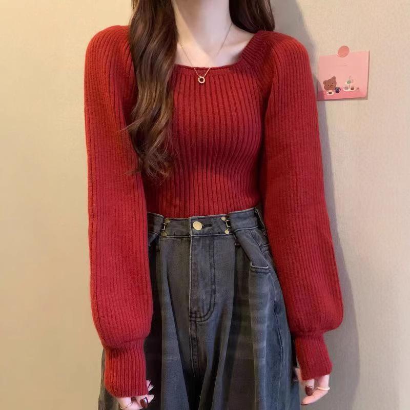 Herbst Winter Französischer Quadratischer Ausschnitt Puffärmel Design Nische Layer Wear Quadratischer Ausschnitt Strick Basic Layer Pullover Damen Top