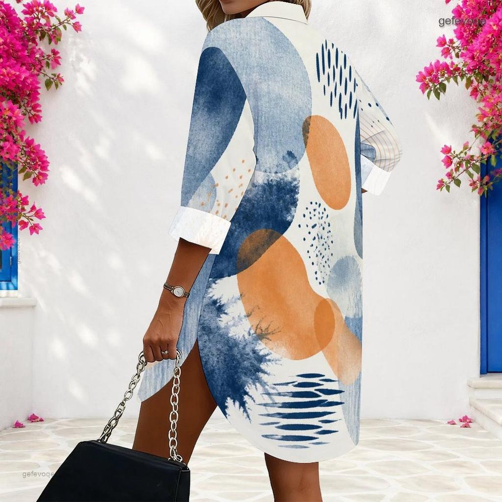 Women Plus Size Printed Long Sleeve Collared Button Front Curved Hem Shirt Dress