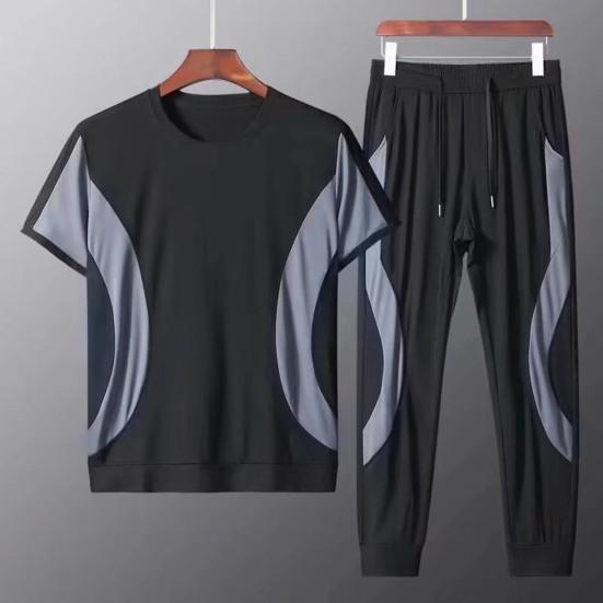 2Pcs/Set O-Neck Short Sleeve Casual Outfit Elastic Waistband Drawstring Pockets Men Patchwork Color T-shirt Jogging Pants Set Streetwear