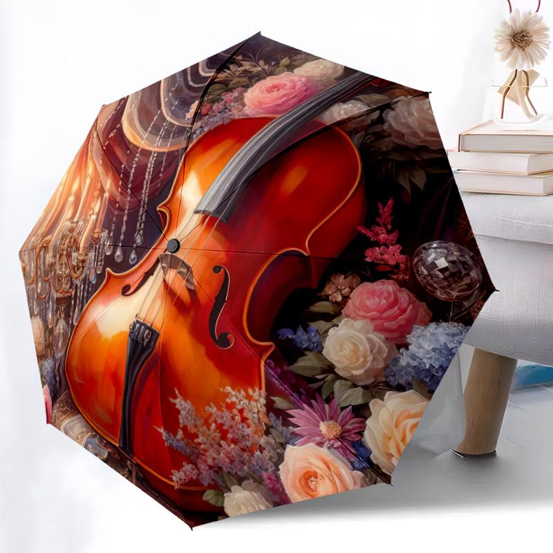 1pc Music Theme Pattern Umbrella Portable Folding Umbrella Iron Frame Hole Bone Structure Outdoor Home Umbrella