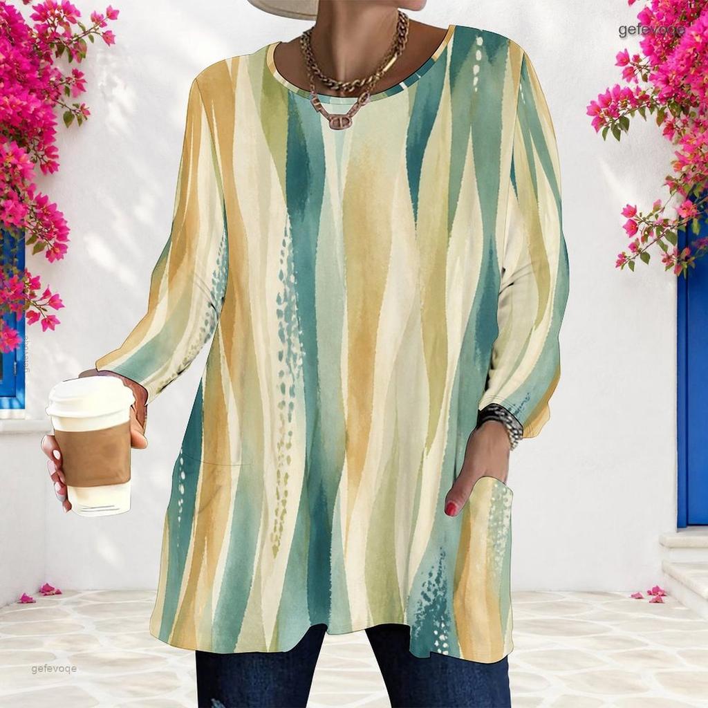 Women Plus Size Beige Brown Yellow Tie Dye Printed Round Neck Long Sleeve Loose T Shirt With Pockets