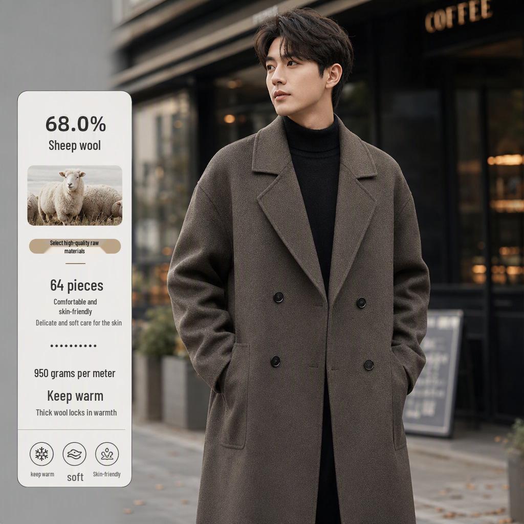 Men's Double-Breasted Drop Shoulder Wool Trench Coat - Wide Fit, 100% Wool, Autumn/Winter Casual Jacket